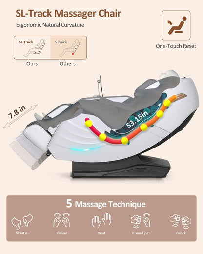 Massage Chair Full Body with Body Scan, Zero Gravity, Sl-Track, White | 20 Modes Shiatsu Massage Chair Built-In Heat System, Airbag Massage with Deep Yoga Stretch, Calfrest Extension and AI Control