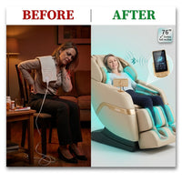 Massage Chair Full Body, 4D Zero Gravity Massage Chairs, 20 Auto Modes, 11 Massage Technique, 40 Airbags Shiatsu Massage, APP Control with Hifi Bluetooth Speaker Beige — Before & After