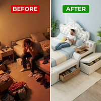 Smart Storage Bed Built for Space Optimization, Wooden Frame, Queen King Size, Modern Headboard — Before & After