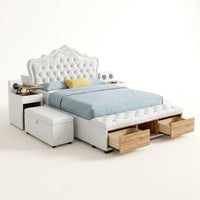 Smart Storage Bed Built for Space Optimization, Wooden Frame, Queen King Size, Modern Headboard — Studio Shot