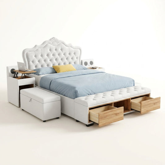Smart Storage Bed Built for Space Optimization, Wooden Frame, Queen King Size, Modern Headboard — Studio Shot