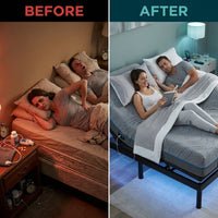 Split King Adjustable Bed Frame and 14" Memory Foam Mattress in Box, Independent Head and Foot Incline Electric Bed with Massage, Voice Control, 0 Gravity/Anti-Snore, USB Ports, Adjustable Legs — Before & After